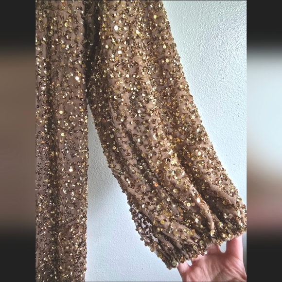 NWT! Mac Duggal, Sequined Puff Sleeve V Neck Gown, Bronze, Size 24, MSRP $498 - Picture 6 of 10